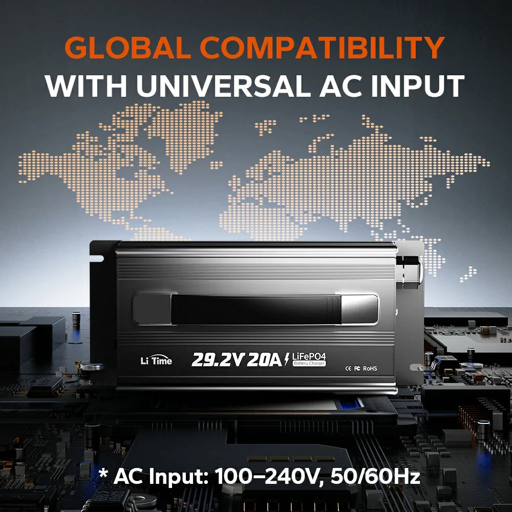 Redresor Incarcator LiTime 24V (29.2V) 20A pentru Baterii Litiu LiFePO4 – Montabil, cu maner