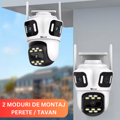 Camera de supraveghere WIFI 6K, 3 lentile, Control din aplicatie, Urmarire automata, Rezistenta la apa IP66 - Taggo.ro