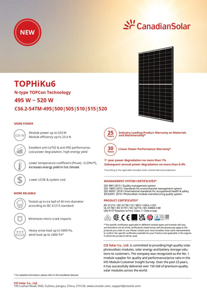Panou Solar Canadian Solar 510W TOPCon N-Type CS6.2-54TM-510 TOPHiKu6 – Rama Neagra, Eficienta 22.9%, Garantie 30 Ani