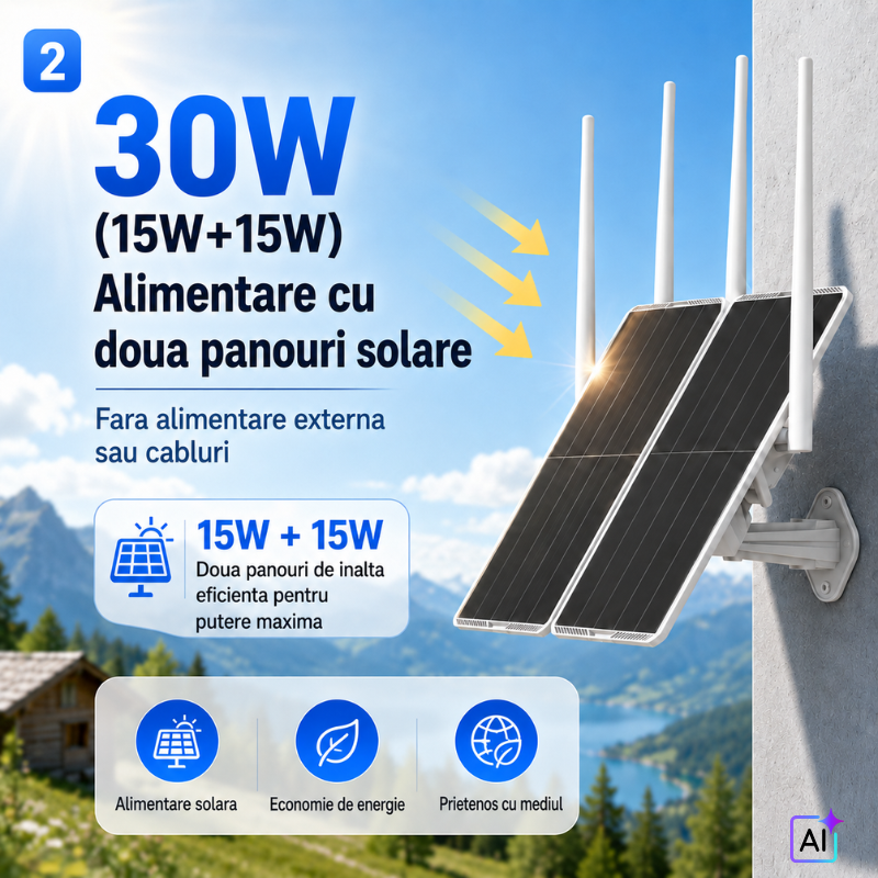 Router Solar 4G cu Panou Dublu de 30W, Acumulator de 30.000 mAh, Acoperire 300 Metri pentru camere IP de exterior