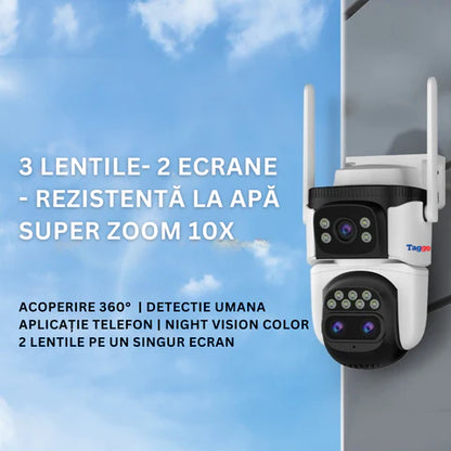 Camera Supraveghere 4G, 9MP, 3 Lentile, Zoom 10x, Rezistenta la apa, Acoperire vizuala  360°