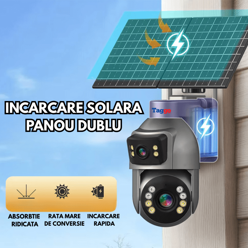 Camera Supraveghere cu Panou Solar Dublu TAGGO pentru exterior, conexiune 4G 4K, Inregistrare Continua AOV, Zoom Optic 36x