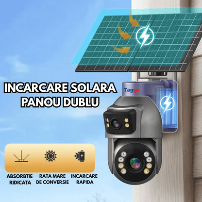 Camera Supraveghere cu Panou Solar Dublu TAGGO pentru exterior, conexiune 4G 4K, Inregistrare Continua AOV, Zoom Optic 36x