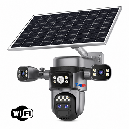Camera de supraveghere WIFI 12MP Crocodil AOV cu panou solar, 4 lentile, zoom optic 10x, comunicare bidirectionala, senzor detectie PIR, viziune nocturna, rezistenta la apa, Alb