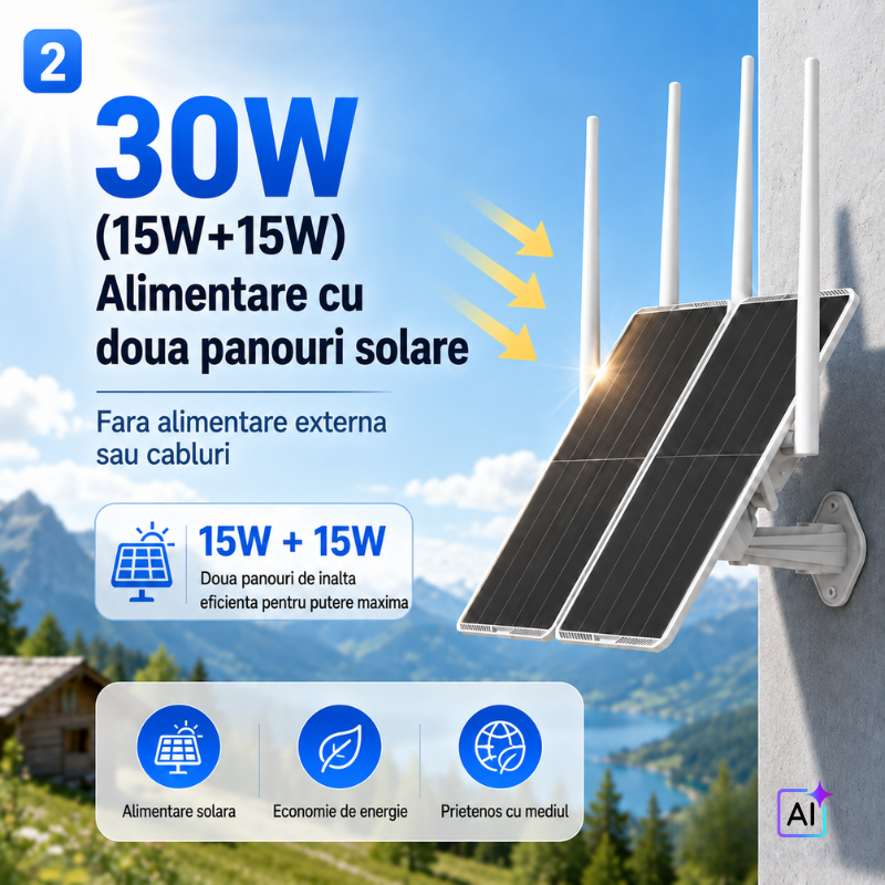 Extender WiFi Solar pentru Exterior, Raza de Acoperire 300 Metri, Panou Solar Dublu 30W, Acumulator 30000mAh, Dual Band 2.4GHz si 5GHz, pentru Camere de Supraveghere IP