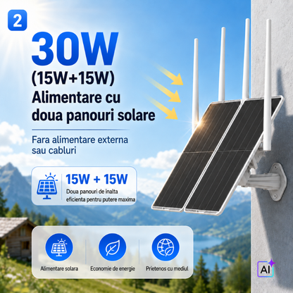 Extender WiFi Solar pentru Exterior, Raza de Acoperire 300 Metri, Panou Solar Dublu 30W, Acumulator 30000mAh, Dual Band 2.4GHz si 5GHz, pentru Camere de Supraveghere IP