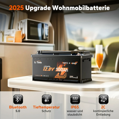 Acumulator LiTime LiFePO4 12V 100Ah – BMS 200A Descarcare Continua, Bluetooth, Incalzire Integrata, IP65, 358x177x189mm