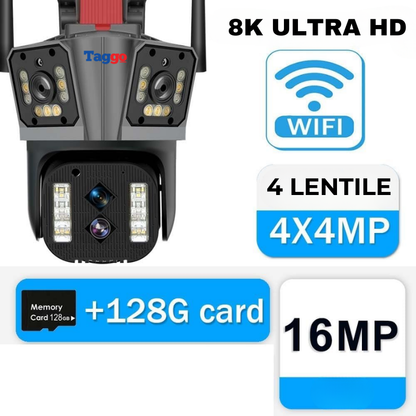 Camera de supraveghere Zoom 10X, WIFI 8K, 16MP, 4 lentile, Control din aplicatie, Comunicare bidirectionala, Urmarire automata, Card 128GB