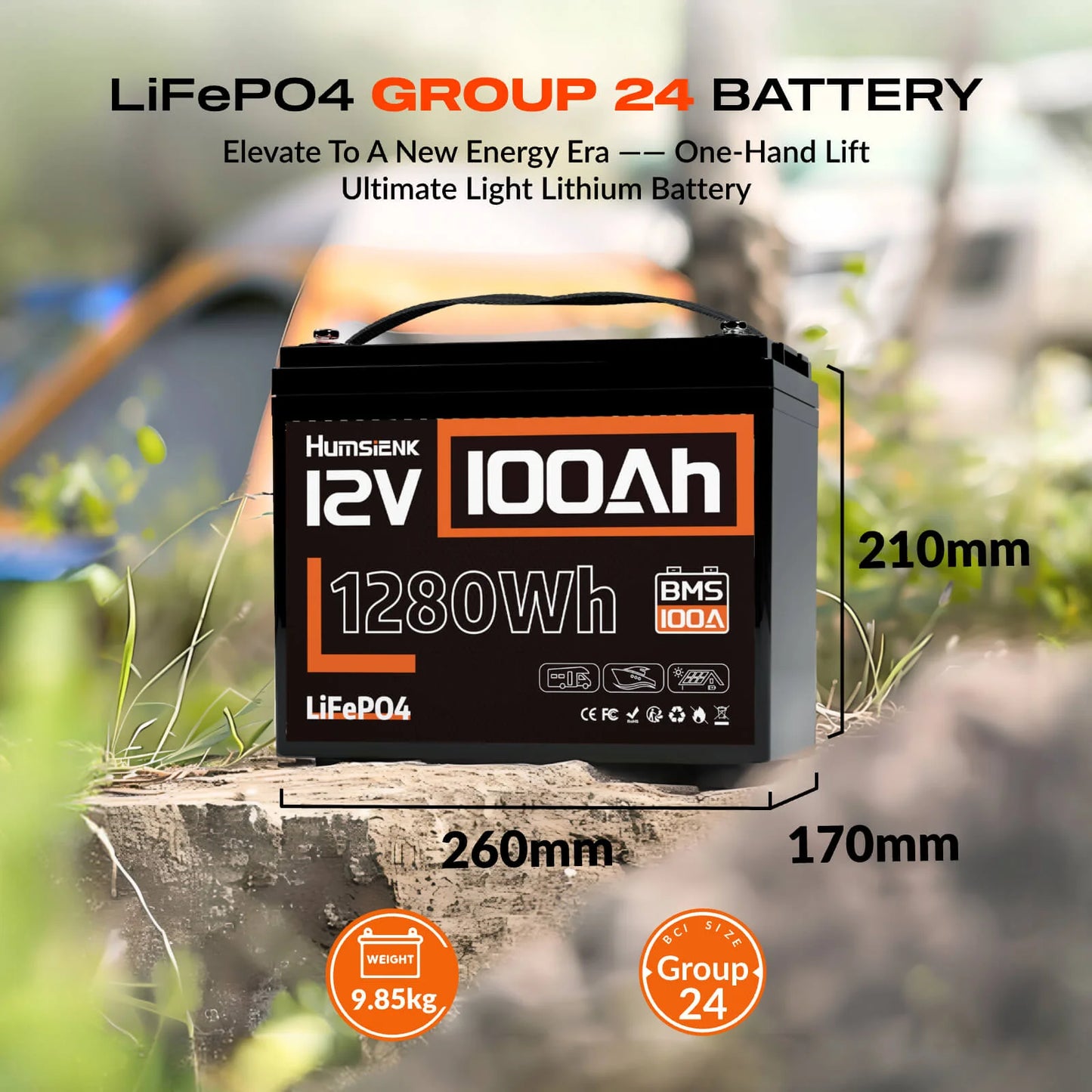Acumulator LiFePO4 12V 100Ah cu BMS 100A – 1280Wh, IP67, 10.5 kg – Ideal pentru Camper, Barca, Sistem Fotovoltaic