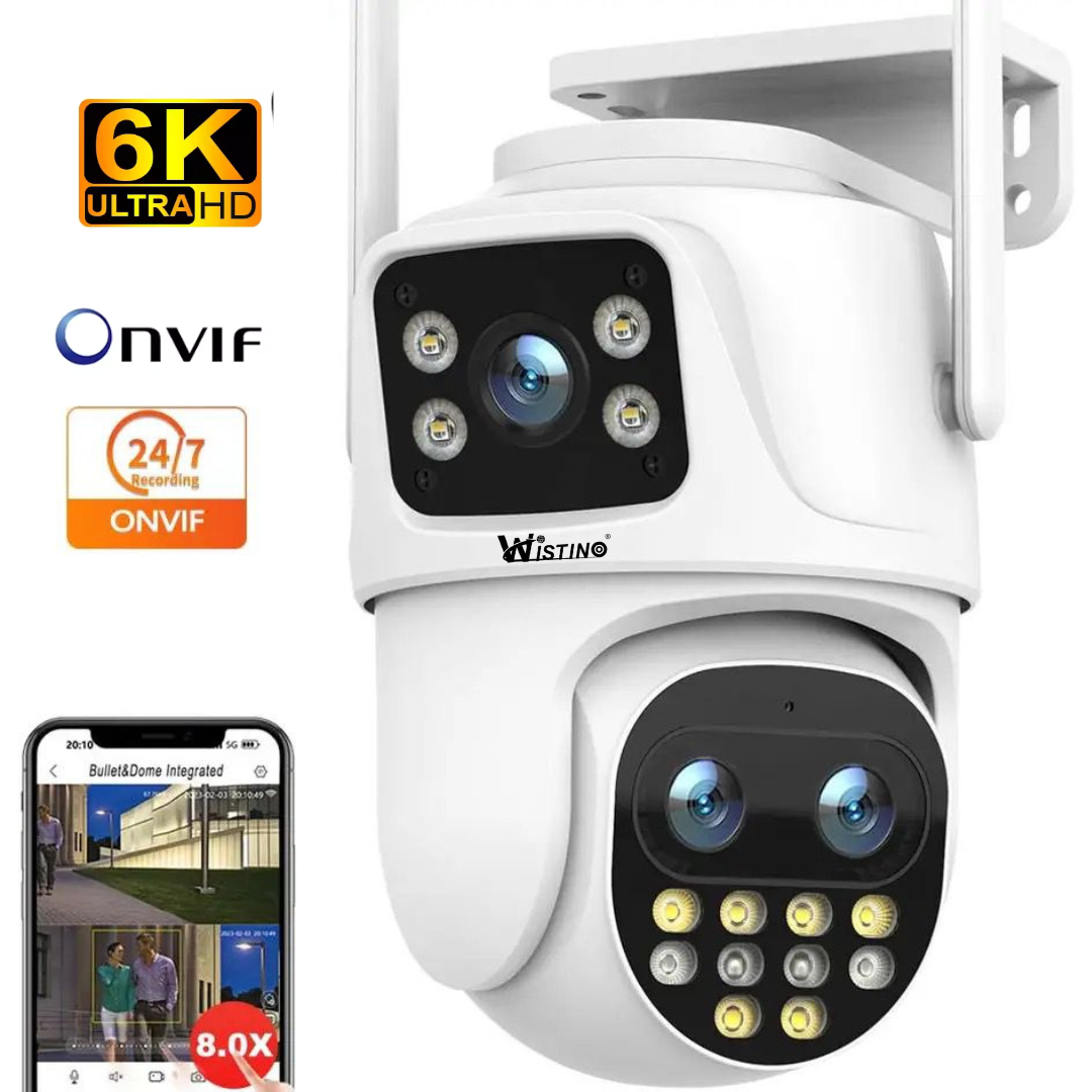 Camera de supraveghere WIFI 6K, 3 lentile, Zoom 8X, Control din aplicatie, Urmarire automata, Rezistenta la apa IP66