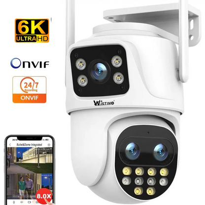 Camera de supraveghere WIFI 6K, 3 lentile, Zoom 8X, Control din aplicatie, Urmarire automata, Rezistenta la apa IP66