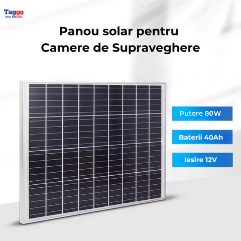 Panou solar 80W cu acumulatori inclusi de 40Ah, pentru camere de supraveghere, iesire 12V