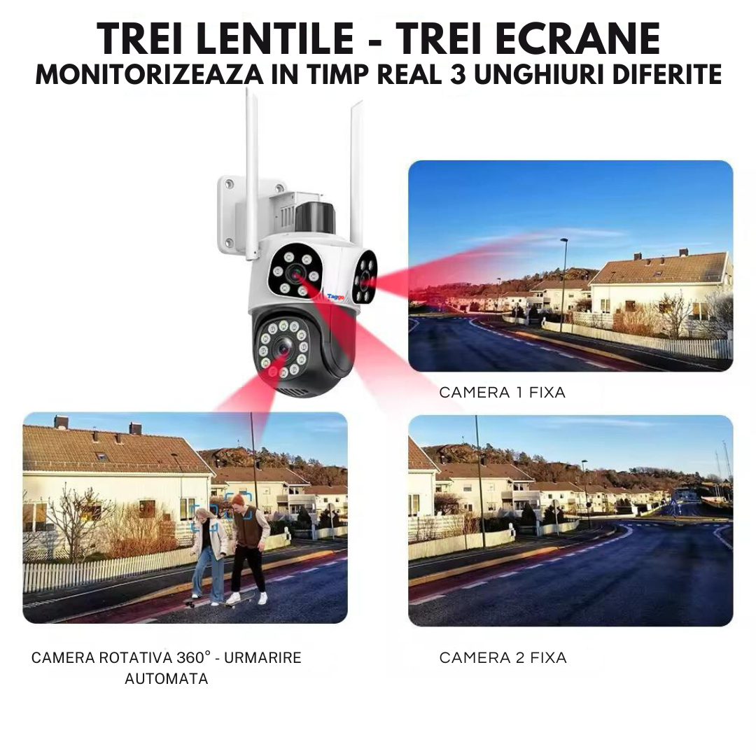 Camera de supraveghere WIFI 3K, 8MP, 3 lentile, Urmarire automata, Control din aplicatie, Rezistenta la apa