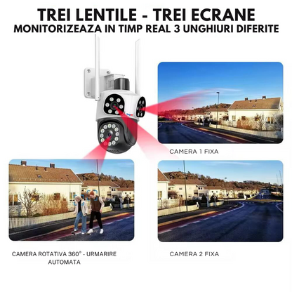 Camera de supraveghere WIFI 3K, 8MP, 3 lentile, Urmarire automata, Control din aplicatie, Rezistenta la apa