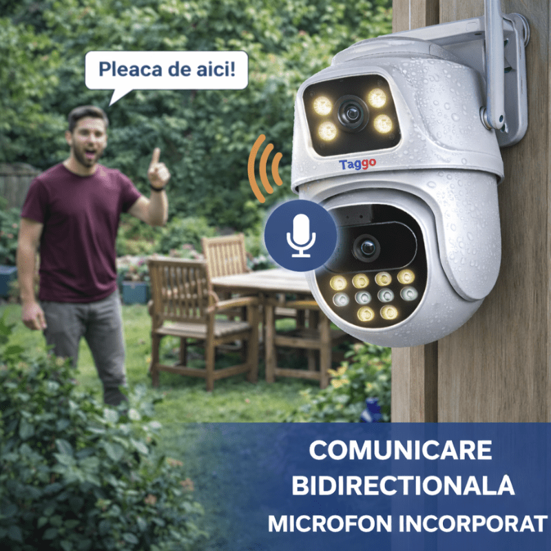 Camera de supraveghere WIFI 4K, 2 lentile, Control din aplicatie, Urmarire automata, Rezistenta la apa IP66