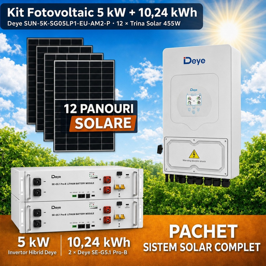 Sistem Fotovoltaic Complet 5 kW cu 12 Panouri Trina Solar 455W + Invertor Hibrid Deye 5 kW Monofazat LV + Stocare LiFePO4 10.24 kWh