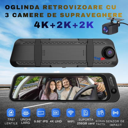Oglinda Retrovizoare DVR S16 4K, cu 3 Camere (Fata + Interior + Spate ), Ecran 9.66”, WiFi