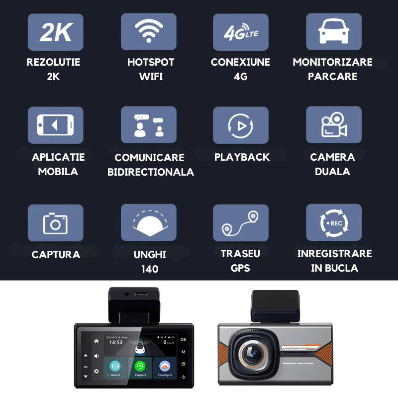 Camera auto DVR 2K, camera spate 1K, conexiune 4G cu cartela SIM, monitorizare parcare si functie GPS.