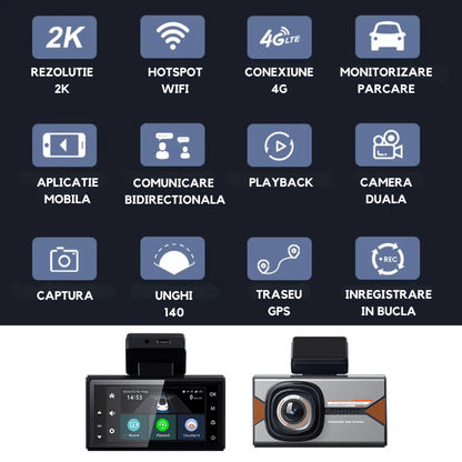Camera auto DVR 2K, camera spate 1K, conexiune 4G cu cartela SIM, monitorizare parcare si functie GPS.