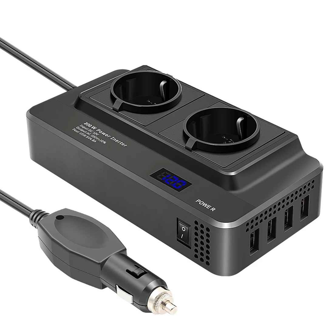 Invertor alimentat 24V, Priza EU Dubla 230V, Putere 400W, 4 x Porturi USB, 5.4A, Suport PD, Afisaj Digital