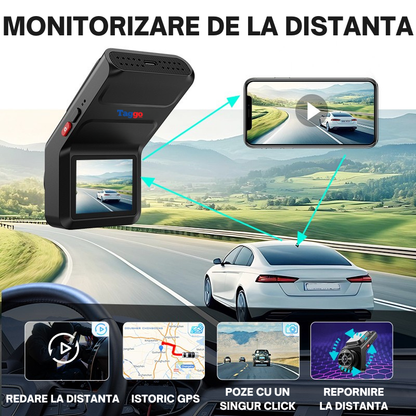 Camera auto 4G cu ecran LCD 4K, unghi vizualizare 160°–170° + camera spate 1K, GPS, functii ADAS SI ABS, monitorizare live