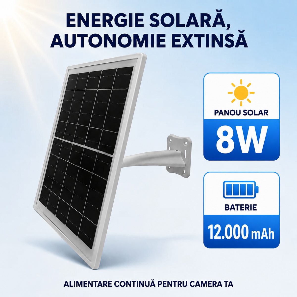 Panou Solar 8W cu Acumulator 12.000mAh pentru Camere de Supraveghere, 5V/12V, IP66, Type-C și DC