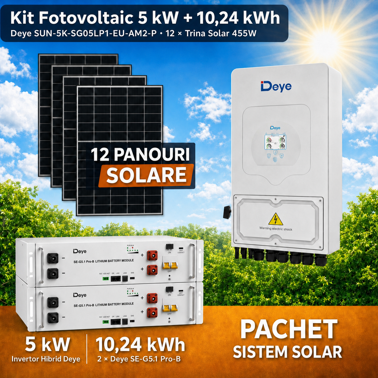 Sistem Fotovoltaic 5 kW cu 12 Panouri Trina Solar 455W + Invertor Hibrid Deye 5 kW Monofazat LV + Stocare LiFePO4 10.24 kWh