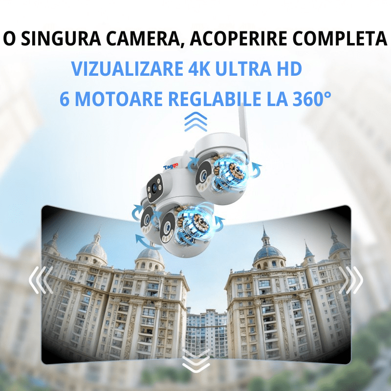 Camera Supraveghere WiFi Solara 16MP cu Dublu Panou Solar, 4 Lentile, AOV, PTZ 355°, Detectie AI
