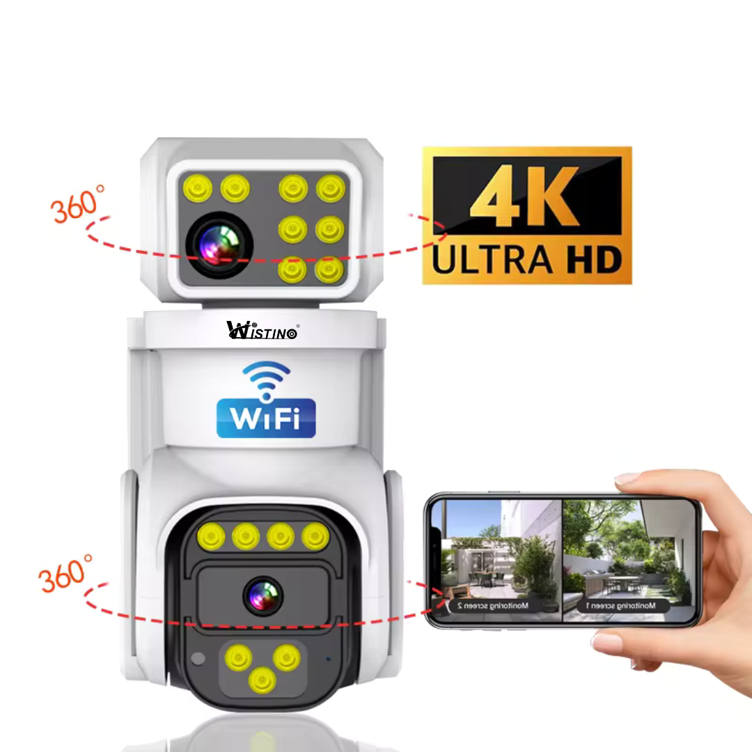 Camera de supraveghere WIFI 4K, 8MP, 2 lentile, Rezistenta la apa IP66, Control din aplicatie, Urmarire automata