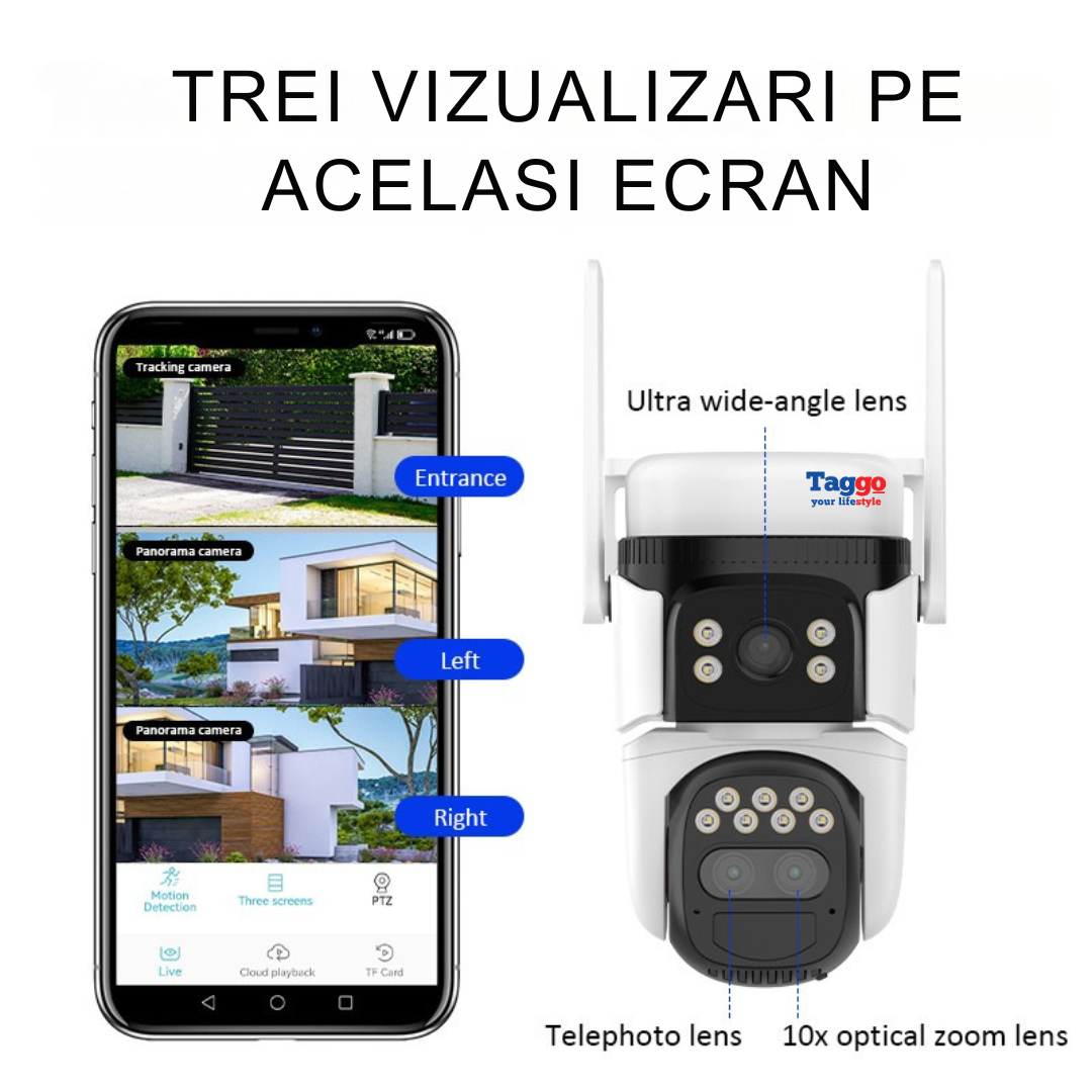 Camera supraveghere cu panou solar 4G, Detectare umana, PTZ 360°, Dual lens, Zoom 10X, Rezistenta la apa
