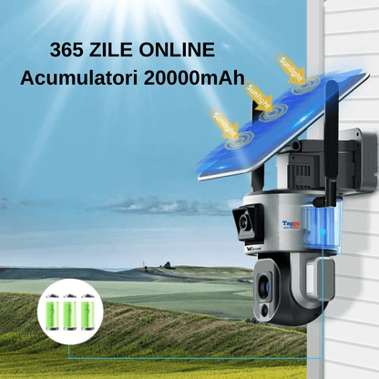 Camera de supraveghere exterior wireless 4K Ultra HD WISTINO, duală, cu zoom optic 10x și alimentare solară, rezistentă la apă IP66