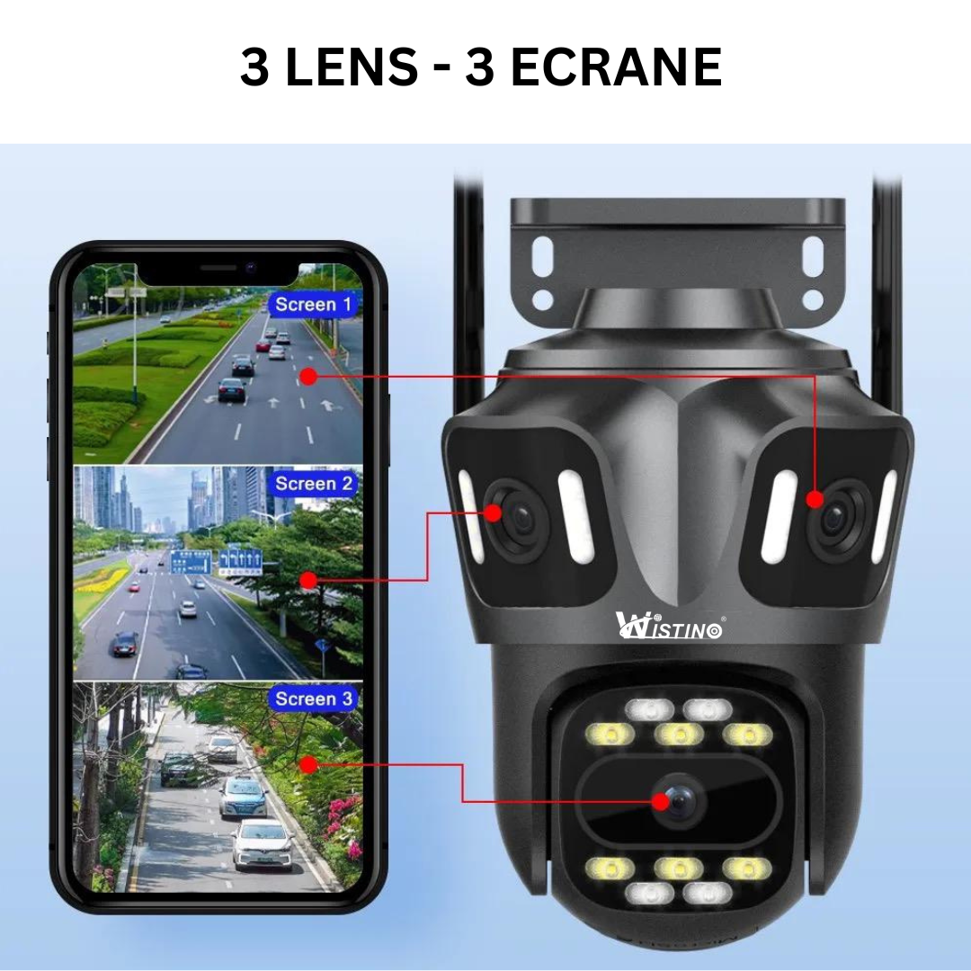 Camera de supraveghere WIFI 6K, 3 lentile, Control din aplicatie, Urmarire automata, Rezistenta la apa IP66 - Taggo.ro