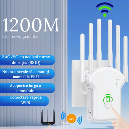 Amplificator WiFi 1200Mbps 3 in 1, cu 6 Antene externe,Dual Band 2.4G/5G si Acoperire extinsa pentru conectivitate stabila