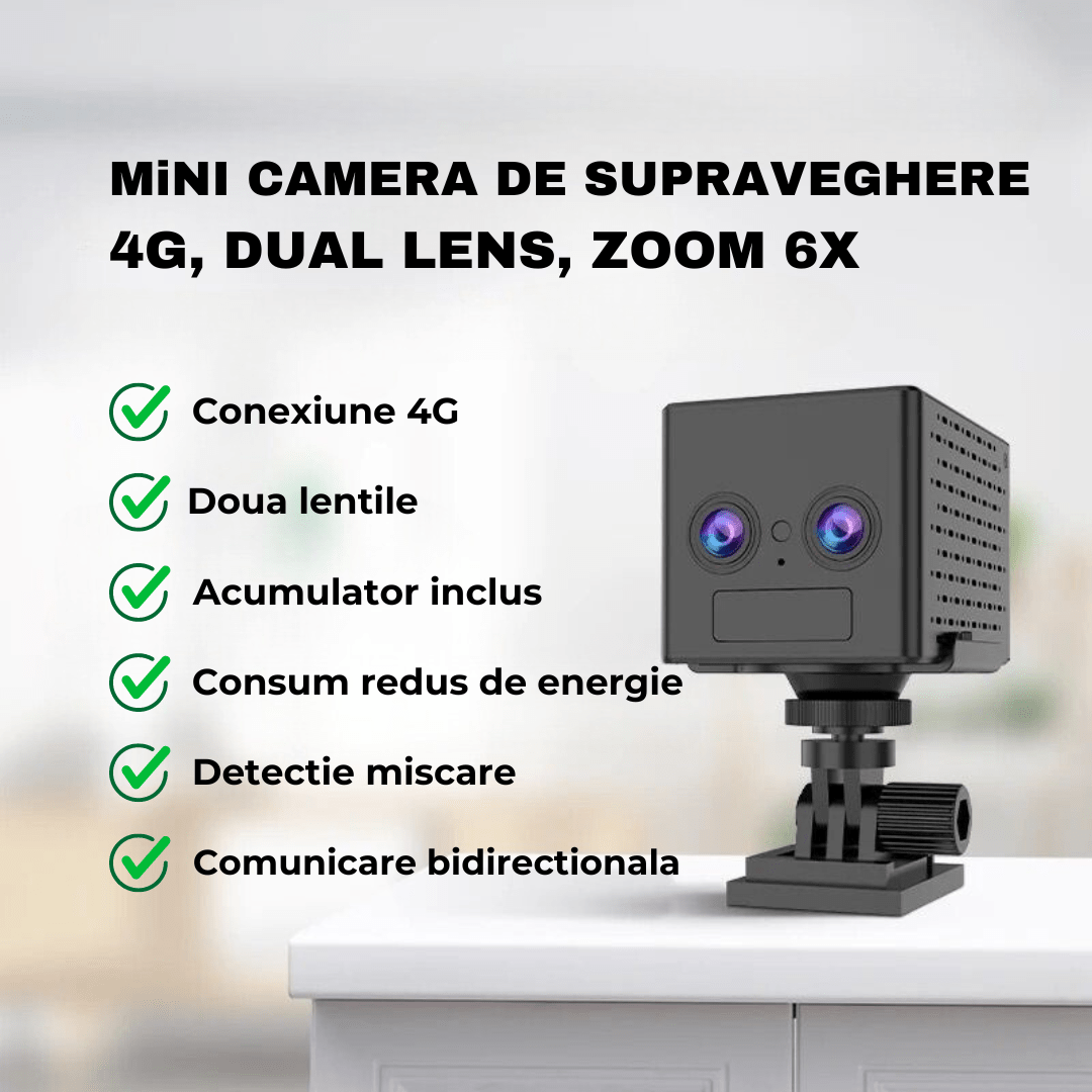 Mini Camera 4G Dual Lens 1080P cu Zoom Hibrid 6X si Detectare Umana