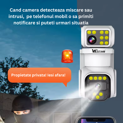 Camera de supraveghere WIFI 4K, 8MP, 2 lentile, Rezistenta la apa IP66, Control din aplicatie, Urmarire automata