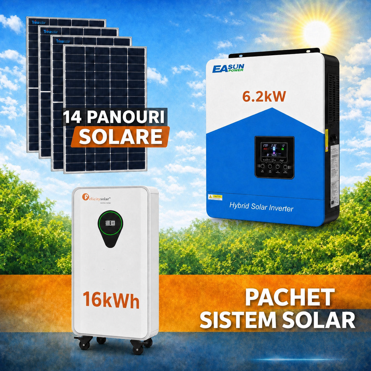 Kit Fotovoltaic Off-Grid 6.2kW EASUN – 14 Panouri Trina 455W + Acumulator 16kWh Felicity LiFePO4