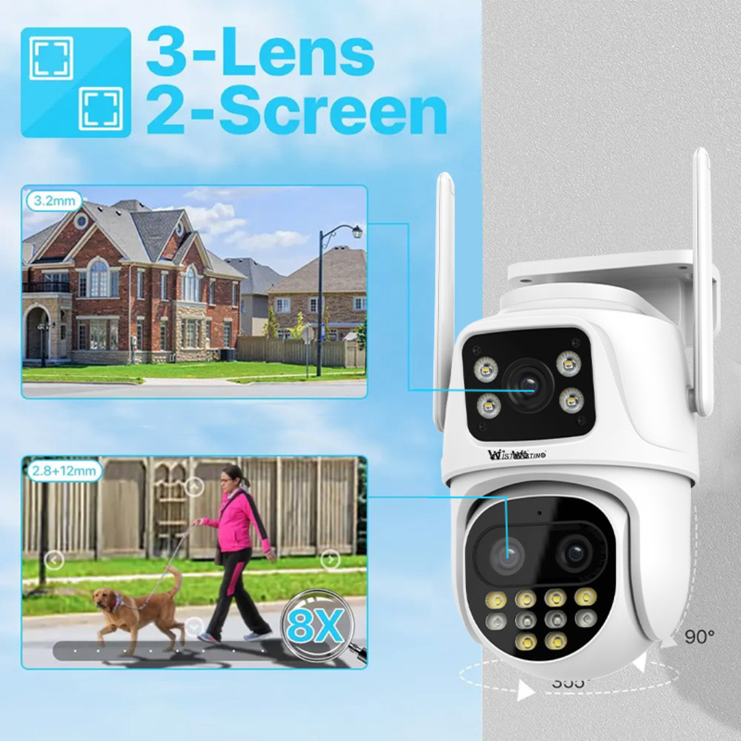 Camera de supraveghere WIFI 6K, 3 lentile, Zoom 8X, Control din aplicatie, Urmarire automata, Rezistenta la apa IP66