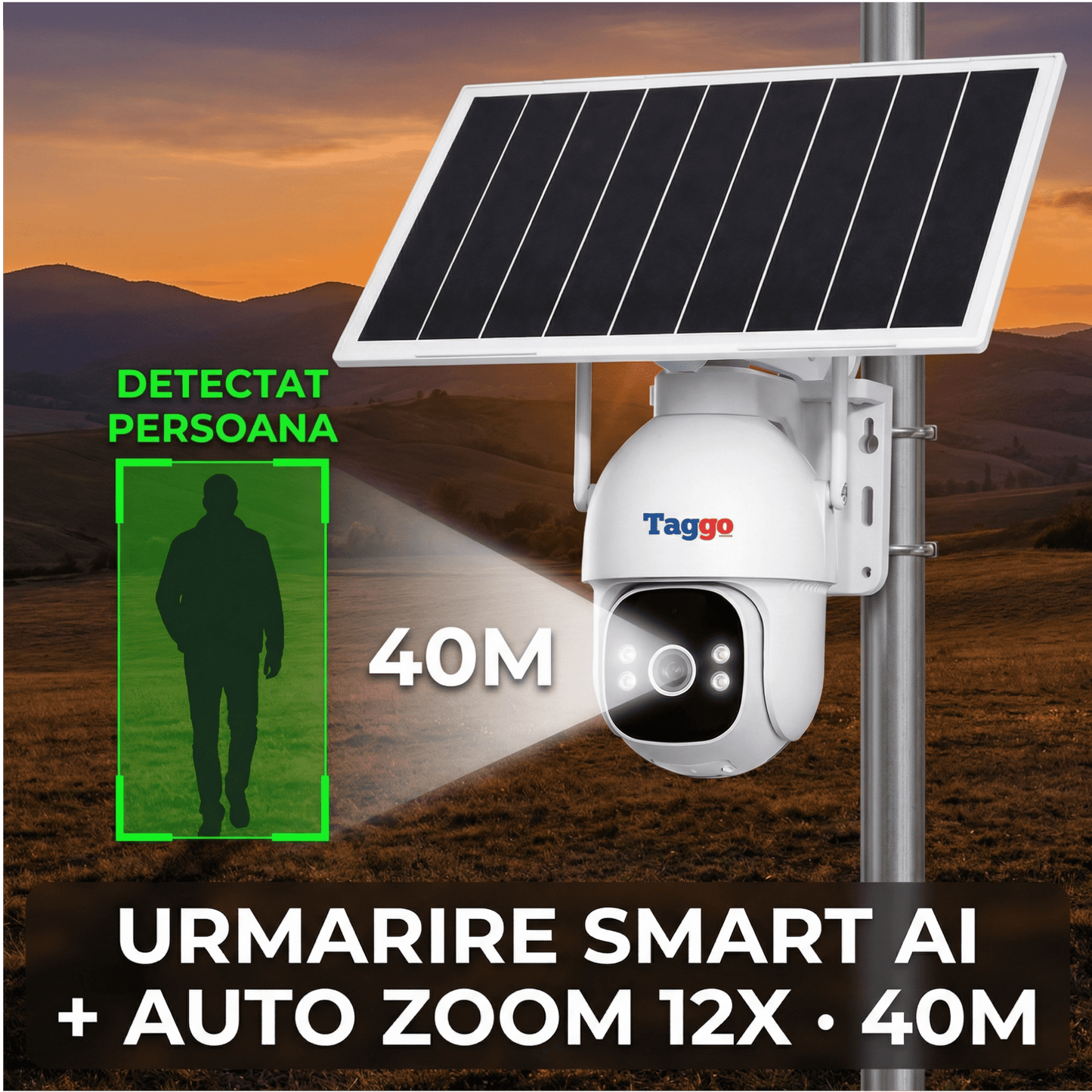 Camera Supraveghere 4G Solară Taggo Pro S30 – Full Color Noapte, eSIM, Detecție AI 40M, AOV 24/7, 5MP