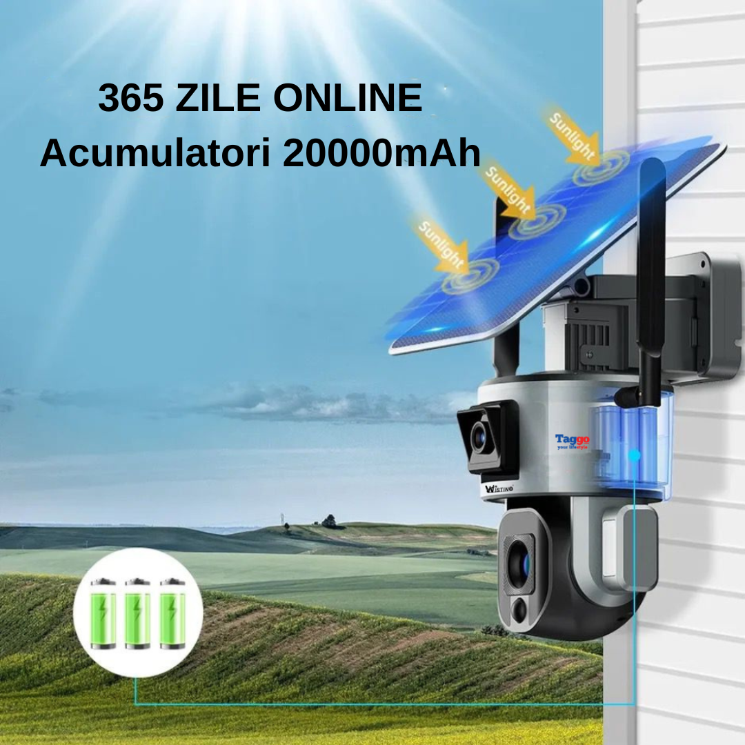 Camera Video Supraveghere Wireless 4K Ultra HD, Dual Camera 4MP+4MP, 4X Optical ZOOM, Incarcare Solara, Rotire Din Aplicatie, Rezistenta La Apa IP 66