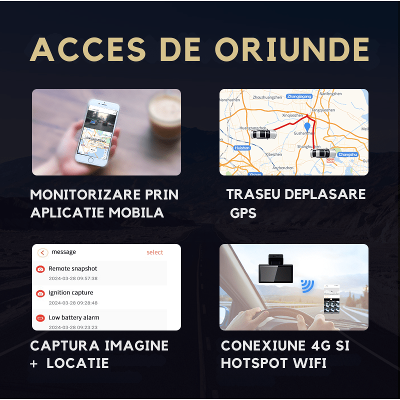 Camera auto DVR 2K, camera spate 1K, conexiune 4G cu cartela SIM, monitorizare parcare si functie GPS.
