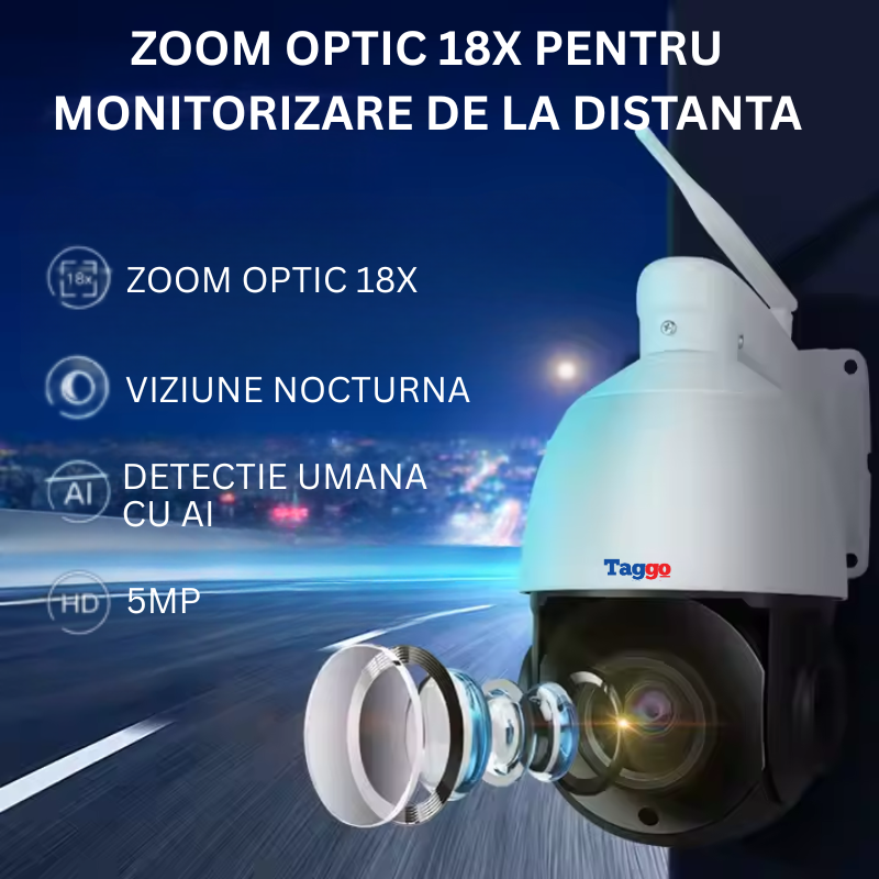 Camera de Supraveghere WiFi, cu Incarcare Solara, 5 MP, ZOOM 18X Optic, Detectie Miscare, IP66