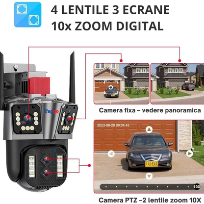 Camera de supraveghere Zoom 10X, WIFI 8K, 16MP, 4 lentile, Control din aplicatie, Comunicare bidirectionala, Urmarire automata, Card 128GB