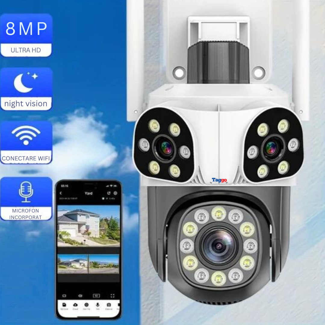 Camera de supraveghere WIFI 3K, 8MP, 3 lentile, Urmarire automata, Control din aplicatie, Rezistenta la apa