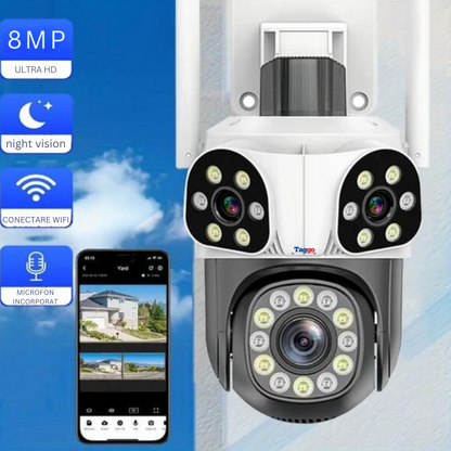 Camera de supraveghere WIFI 3K, 8MP, 3 lentile, Urmarire automata, Control din aplicatie, Rezistenta la apa