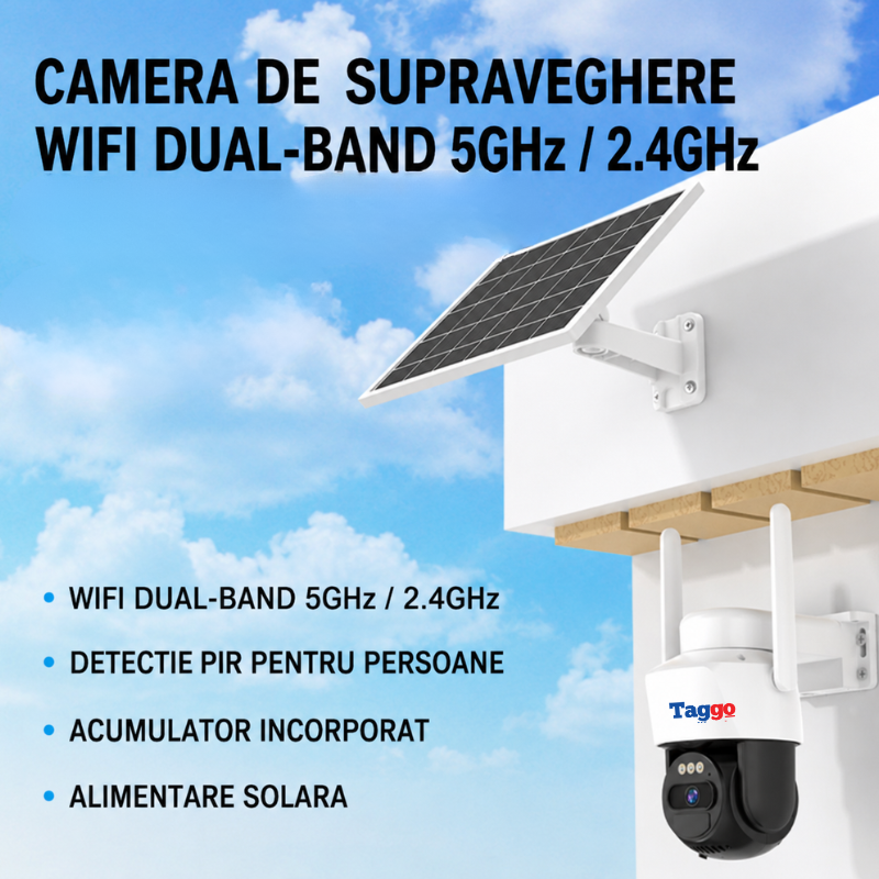 Camera de Supraveghere Solara WiFi 5MP cu Panou 6.5W, Monitorizare Fara Cabluri