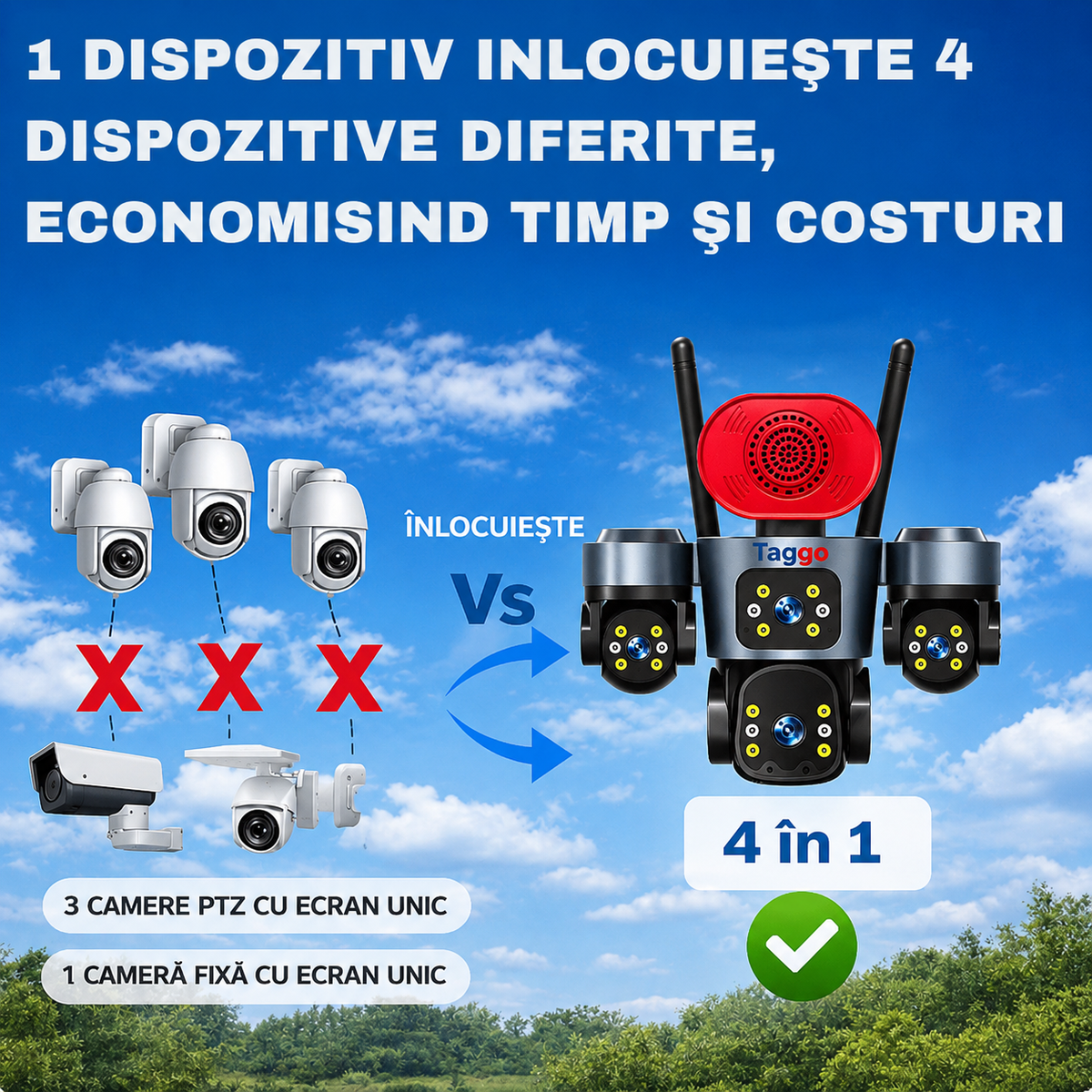 Camera de Supraveghere 4 Lentile, 16MP, Conexiune 4G, Control din Aplicatie, Viziune Colora si IR, Comunicare Bidirectionala, Protectie IP66
