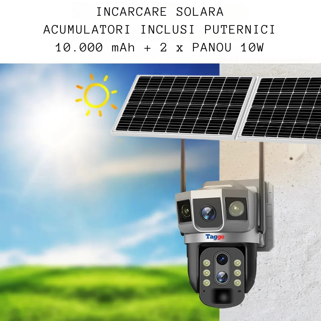Camera Supraveghere Solara 4G 4K Ultra HD, Zoom 10X, Panou 10W, Rotire Din Aplicatie, Rezistenta La Apa IP 66