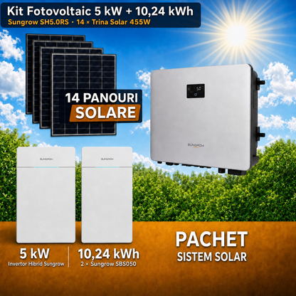 Sistem Fotovoltaic 5 kW cu 14 Panouri Trina Solar 455W + Invertor Hibrid Sungrow 5 kW Monofazat + Stocare LiFePO4 10.24 kWh