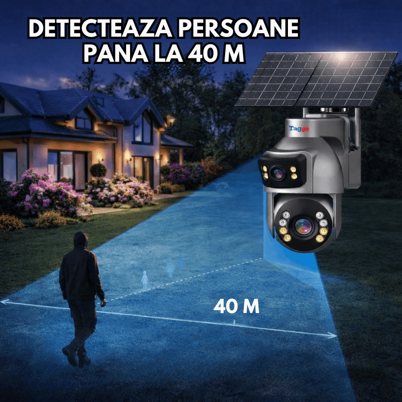 Camera Supraveghere cu Panou Solar Dublu TAGGO pentru exterior, conexiune 4G 4K, Inregistrare Continua AOV, Zoom Optic 36x