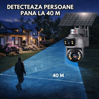 Camera Supraveghere cu Panou Solar Dublu TAGGO pentru exterior, conexiune 4G 4K, Inregistrare Continua AOV, Zoom Optic 36x